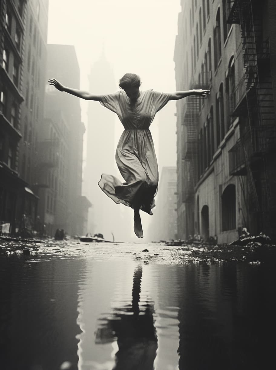 صورة مولدة بالذكاء الاصطناعي: Midjourney prompt: vintage photo of a model jumping over a puddle in ... (نموذج Midjourney - أزياء وموضة)