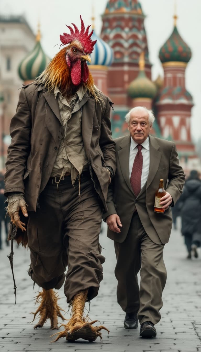 صورة مولدة بالذكاء الاصطناعي: FLUX prompt: **"Photo of a scraggly rooster, twice as tall as a... (نموذج FLUX - FLUX)