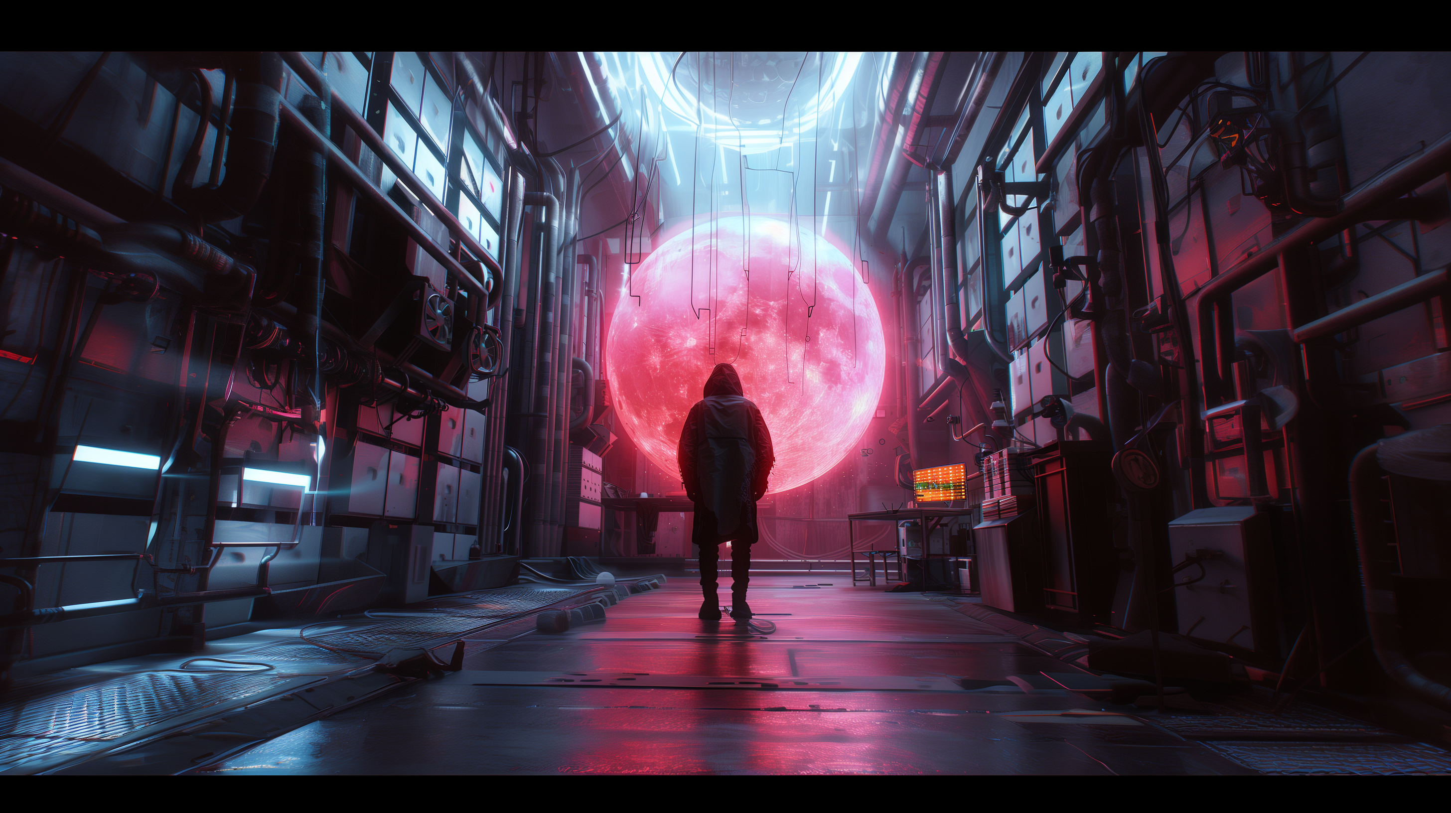 صورة مولدة بالذكاء الاصطناعي: Midjourney prompt: hoodie man, huge High-tech equipment room, Facing ... (نموذج Midjourney - Concept Art)