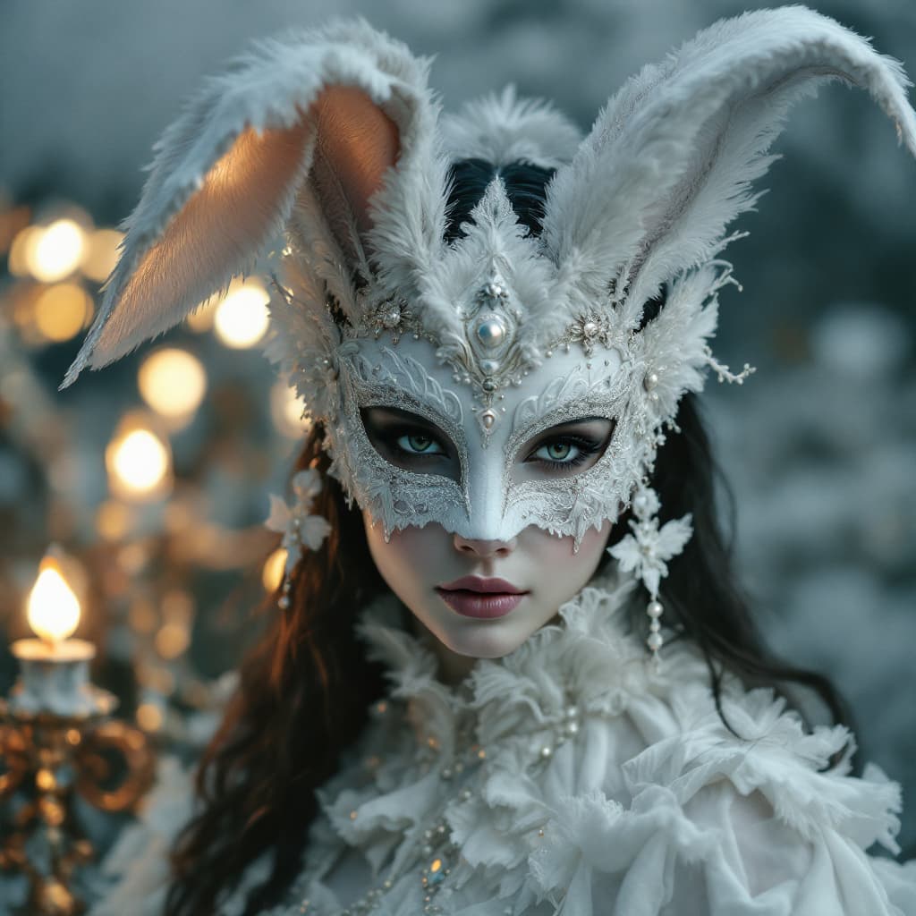 صورة مولدة بالذكاء الاصطناعي: FLUX prompt: photo portrait of a woman wearing a white Venetian... (نموذج FLUX - FLUX)