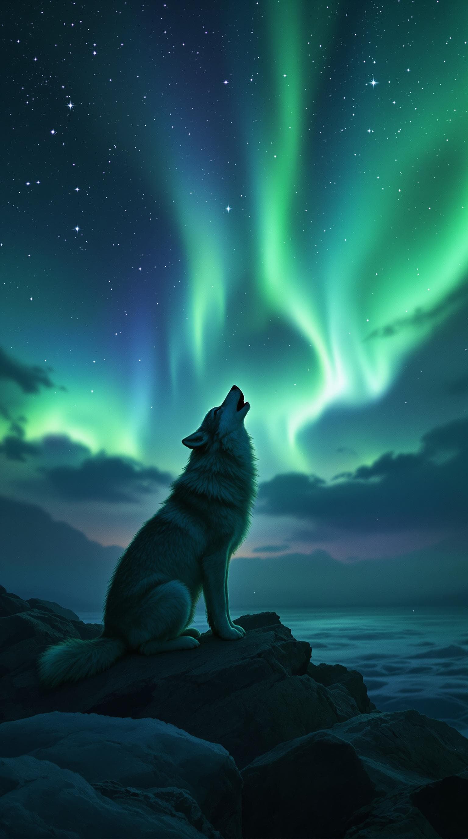 AI generated: FLUX prompt: wolf howling at the aurora borealis, legs 4, night... (FLUX - FLUX)