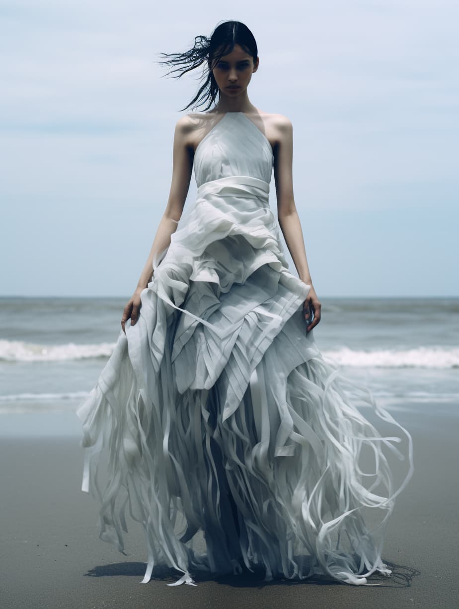 AI generated: Midjourney prompt: a woman in a white dress standing on a beach, naga... (Midjourney - Fashion)