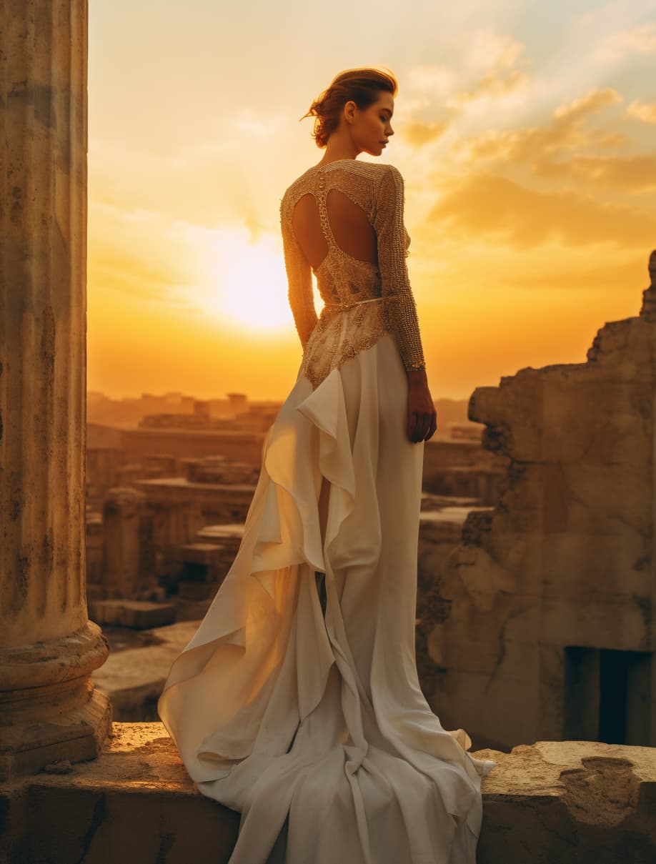 صورة مولدة بالذكاء الاصطناعي: Midjourney prompt: a woman in a white dress standing on a ledge, look... (نموذج Midjourney - أزياء وموضة)