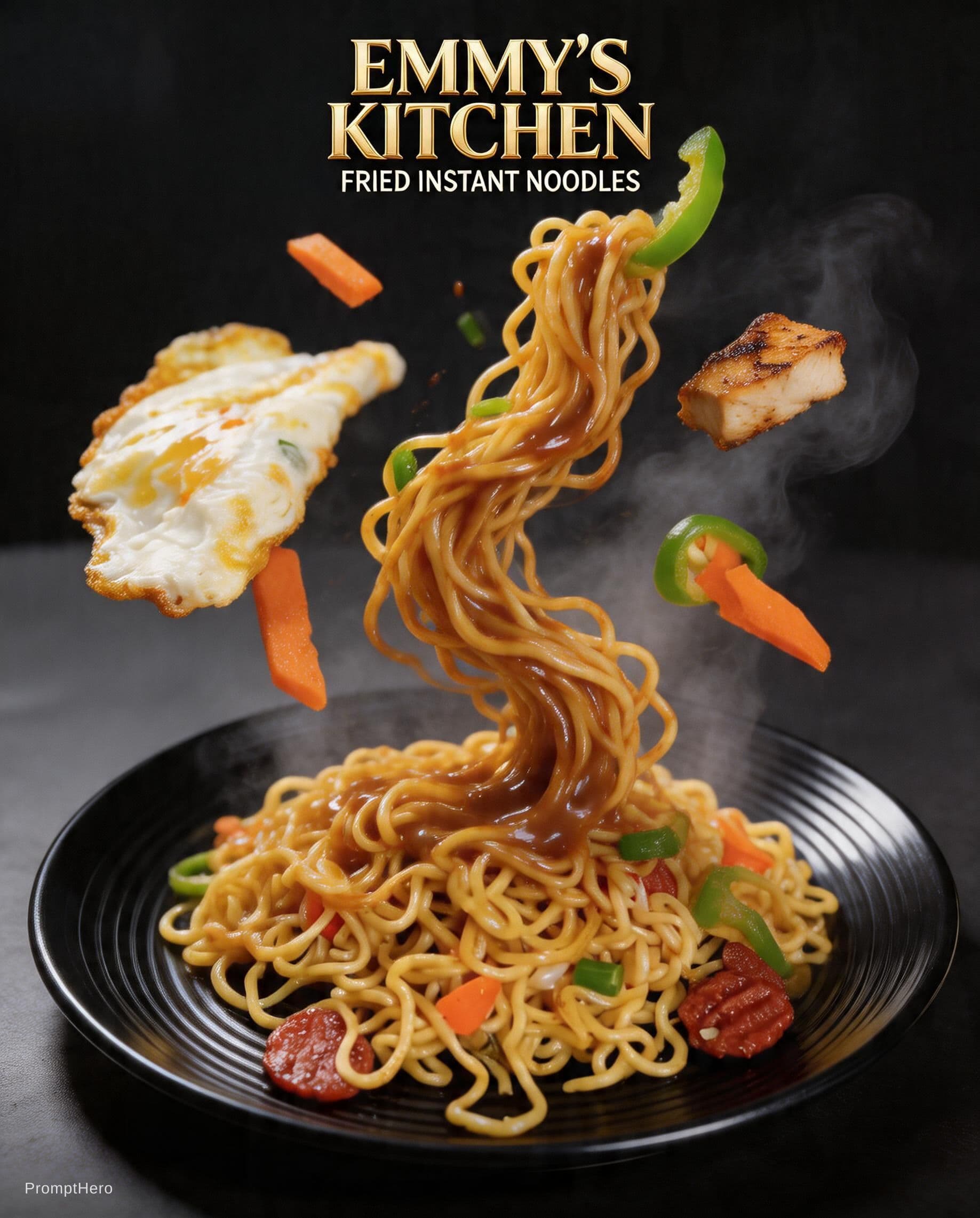 صورة مولدة بالذكاء الاصطناعي: Hero prompt: 🍜 INSTANT NOODLES VERSION (FRIED EGG + VEGGIES) ... (نموذج Hero - Hero)