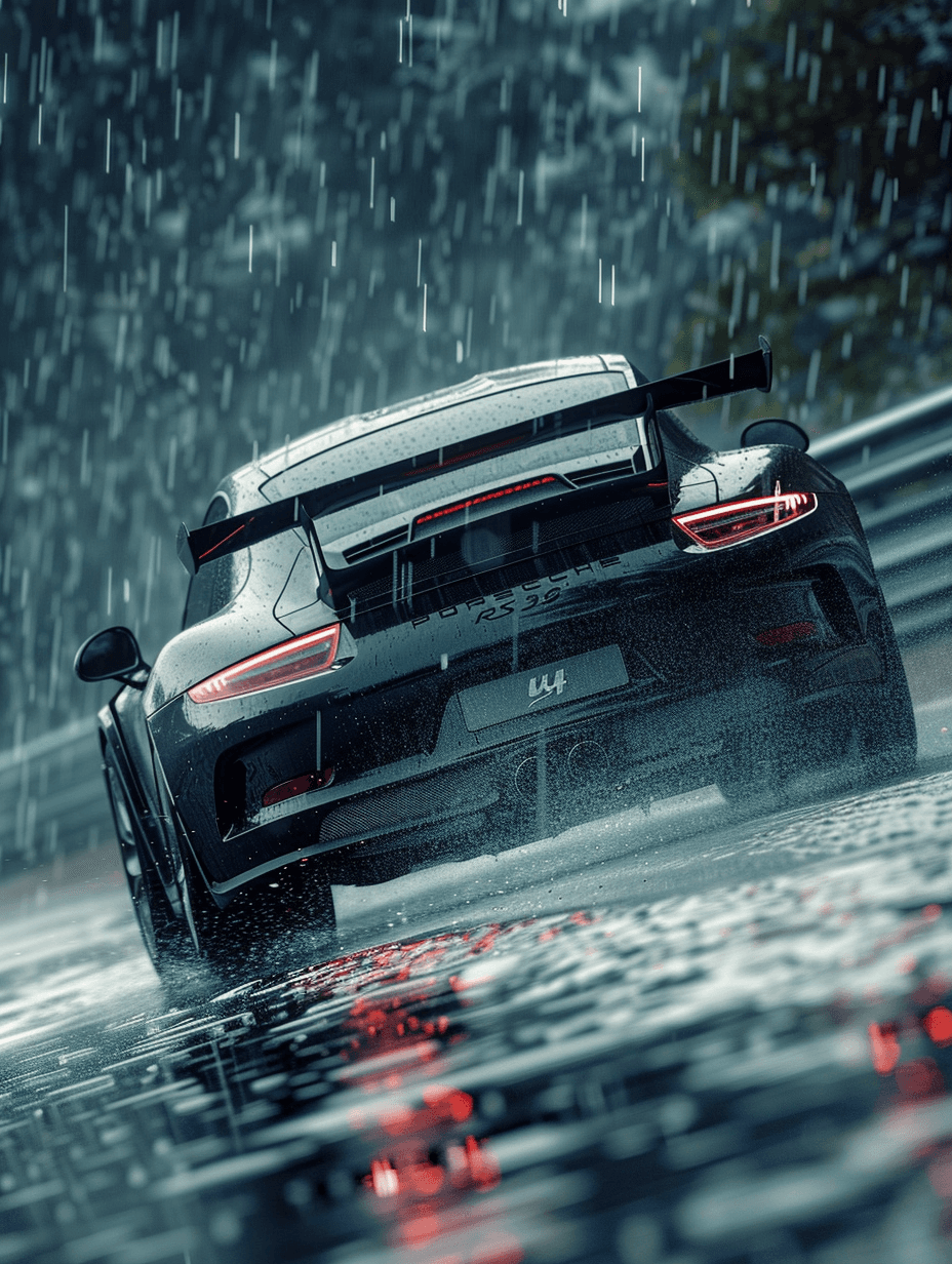 صورة مولدة بالذكاء الاصطناعي: Midjourney prompt: a porsche rs gt3, running, rain, realist, u4, Niko... (نموذج Midjourney - Photography)