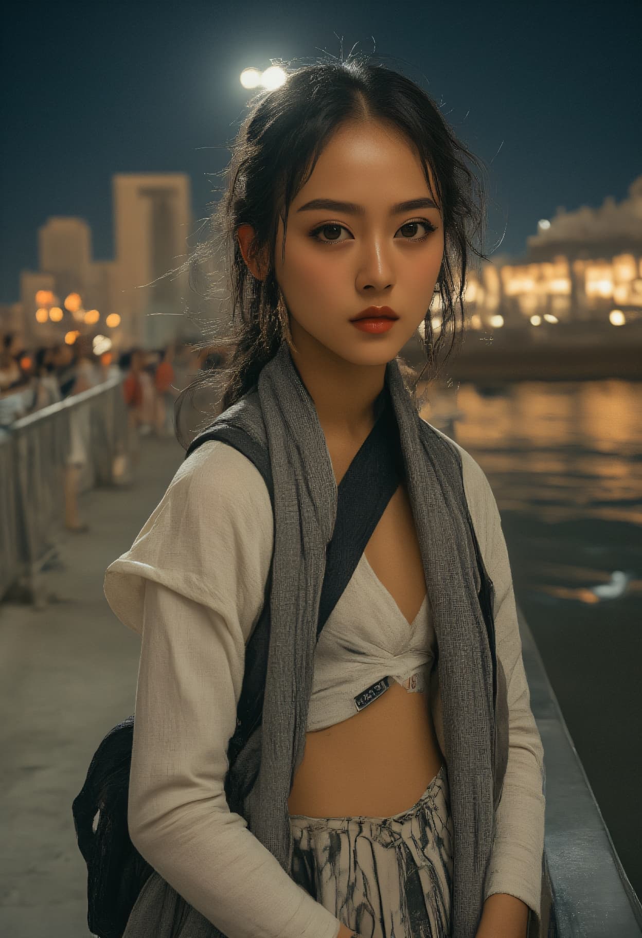 صورة مولدة بالذكاء الاصطناعي: FLUX prompt: night photography, Street fashion high angle photo... (نموذج FLUX - أزياء وموضة)