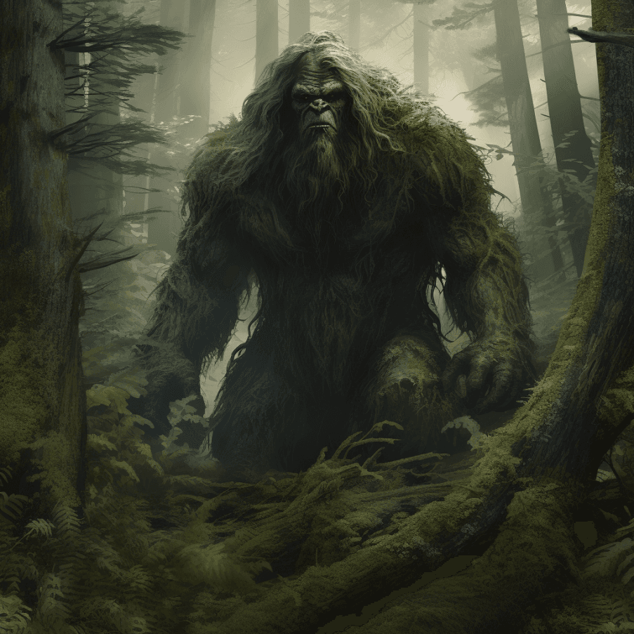 AI generated: Midjourney prompt: sasquatch hidden in the woods, mystic woods, green... (Midjourney - Character Design)