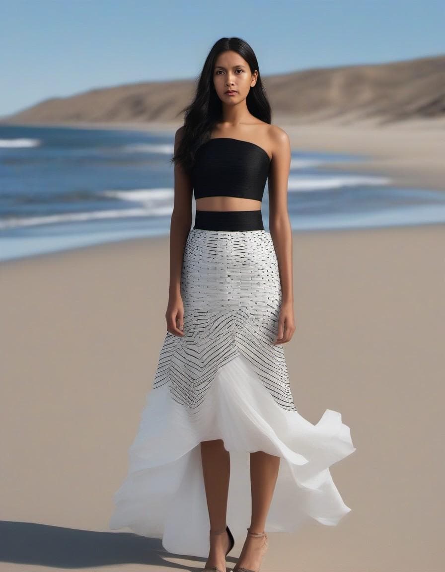صورة مولدة بالذكاء الاصطناعي: Midjourney prompt: a woman in a white dress standing on a beach, naga... (نموذج Midjourney - أزياء وموضة)