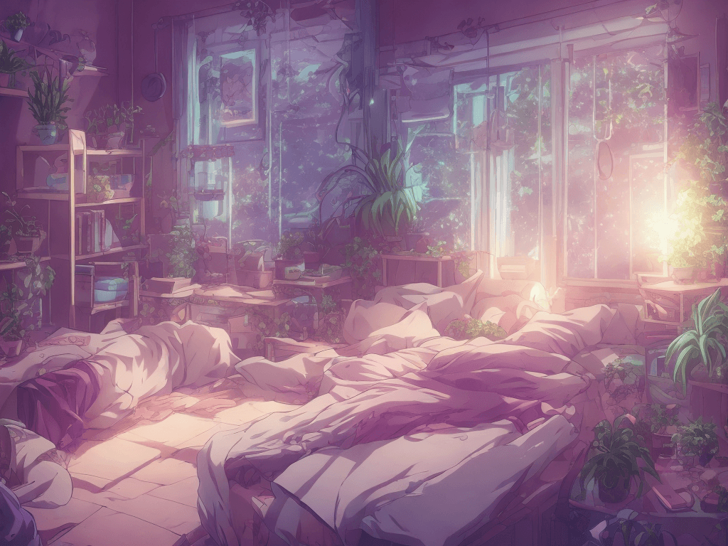 صورة مولدة بالذكاء الاصطناعي: Openjourney prompt: aesthetic bedroom, anime style, night, some plants... (نموذج Openjourney - Anime)