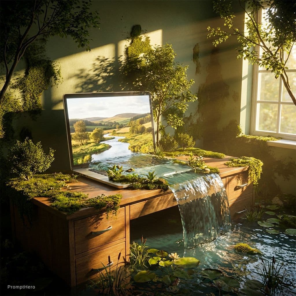 صورة مولدة بالذكاء الاصطناعي: Nano Banana prompt: On a desk, a laptop displays a wallpaper of a coun... (نموذج Nano Banana - Nano Banana)