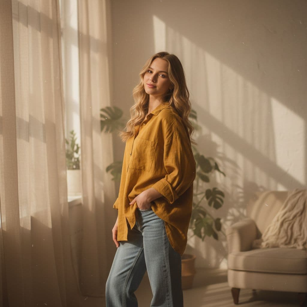 صورة مولدة بالذكاء الاصطناعي: Nano Banana prompt: blond girl in a yellow shirt is posing, soft, atmo... (نموذج Nano Banana - Nano Banana)