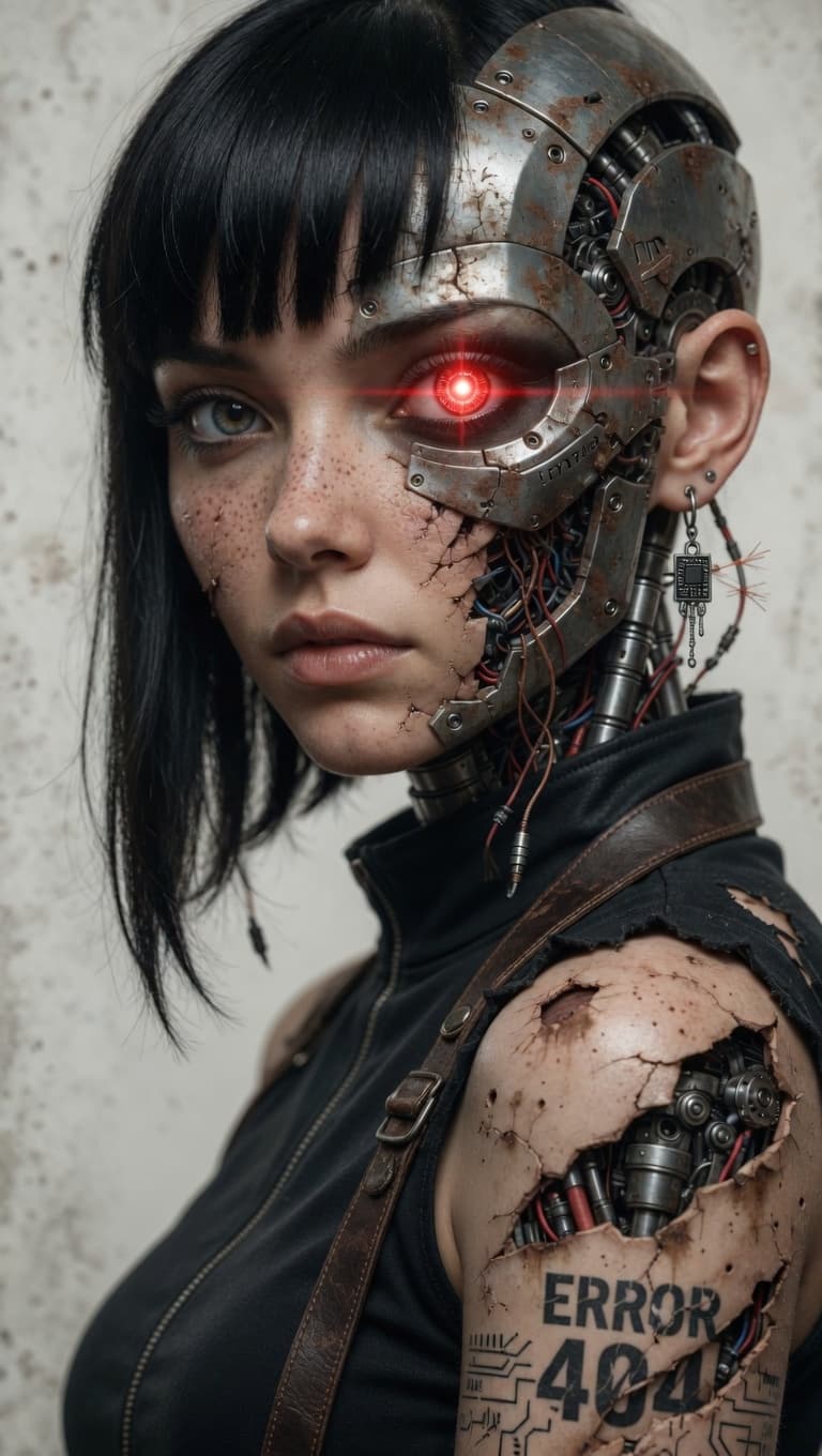 صورة مولدة بالذكاء الاصطناعي: A striking close-up portrait of a female cyborg wi... (نموذج PromptHero - Other AI Models)