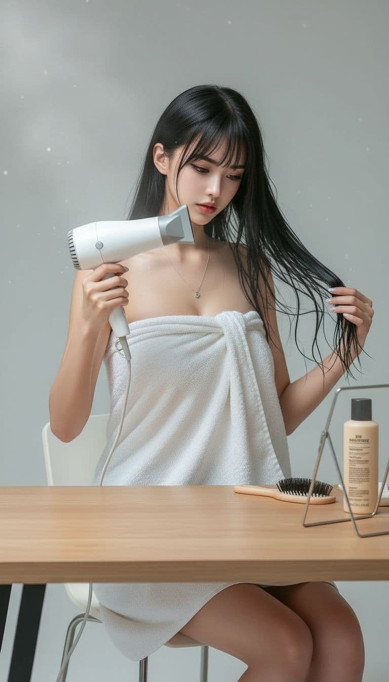 صورة مولدة بالذكاء الاصطناعي: Nano Banana prompt: The girl just finished taking a shower and sat at ... (نموذج Nano Banana - Nano Banana)