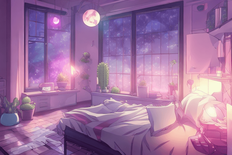 صورة مولدة بالذكاء الاصطناعي: Openjourney prompt: aesthetic bedroom, anime style, night, plants, cut... (نموذج Openjourney - Interior Design)