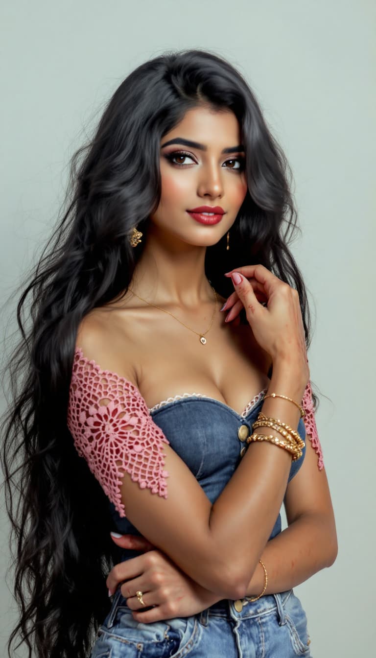صورة مولدة بالذكاء الاصطناعي: FLUX prompt: **A stylish Indian woman with extremely long hair,... (نموذج FLUX - FLUX)