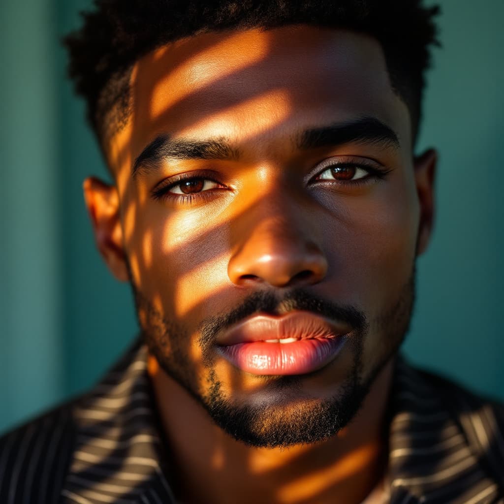 صورة مولدة بالذكاء الاصطناعي: FLUX prompt: Close-up portrait of a black man illuminated by so... (نموذج FLUX - FLUX)