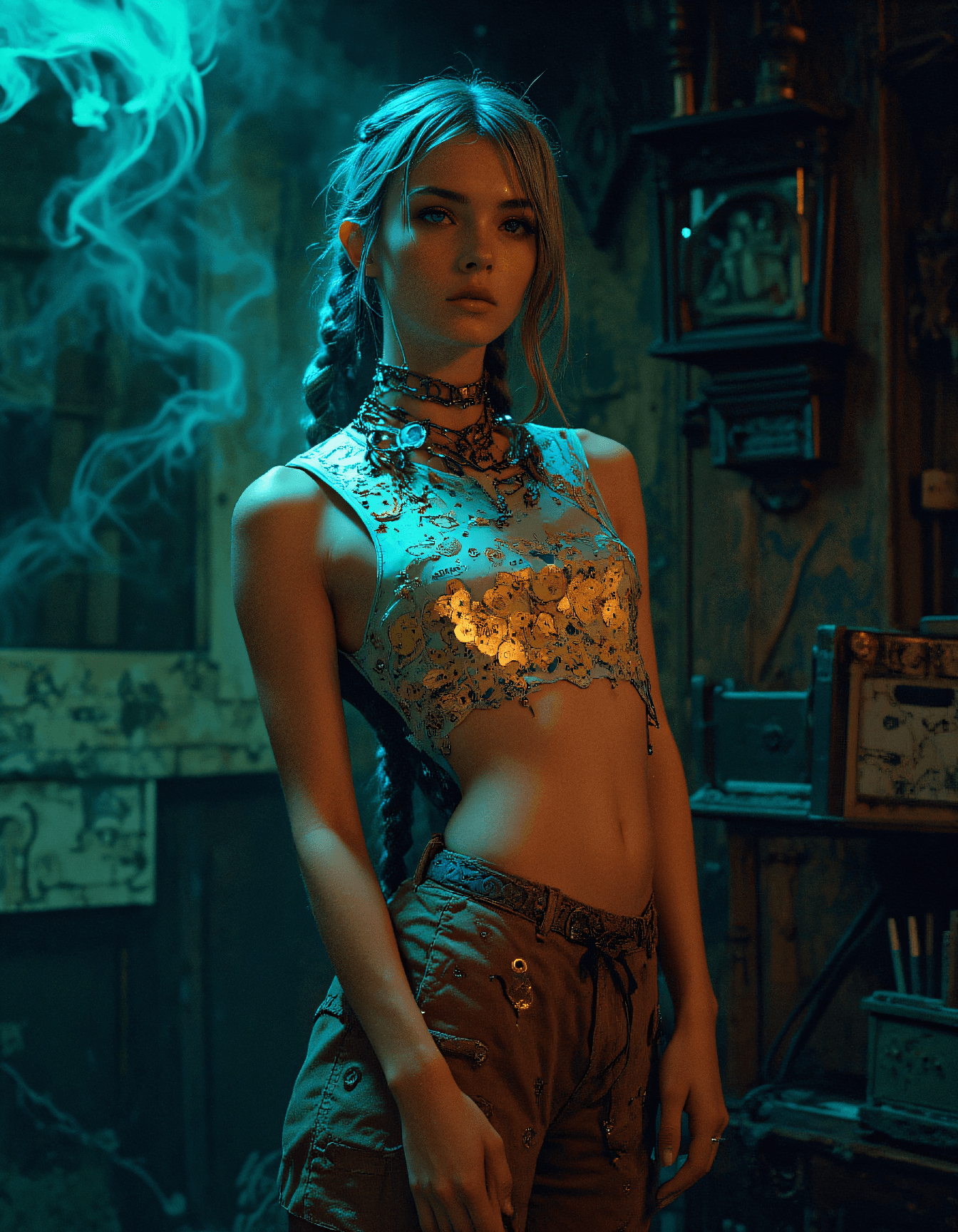 صورة مولدة بالذكاء الاصطناعي: FLUX prompt: Half Body Fantasy Fashion photo of a 24 year old ... (نموذج FLUX - أزياء وموضة)