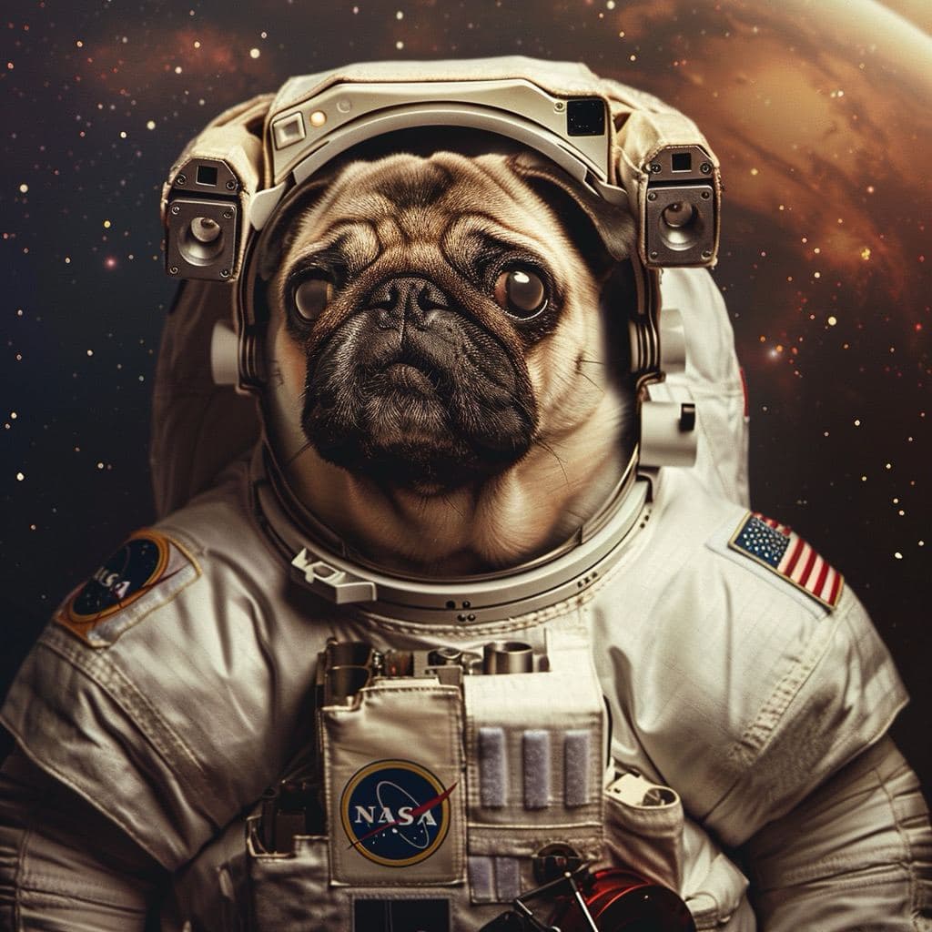 AI generated: Midjourney prompt: photo of a pug in space. pug in a NASA astronaut c... (Midjourney - Concept Art)