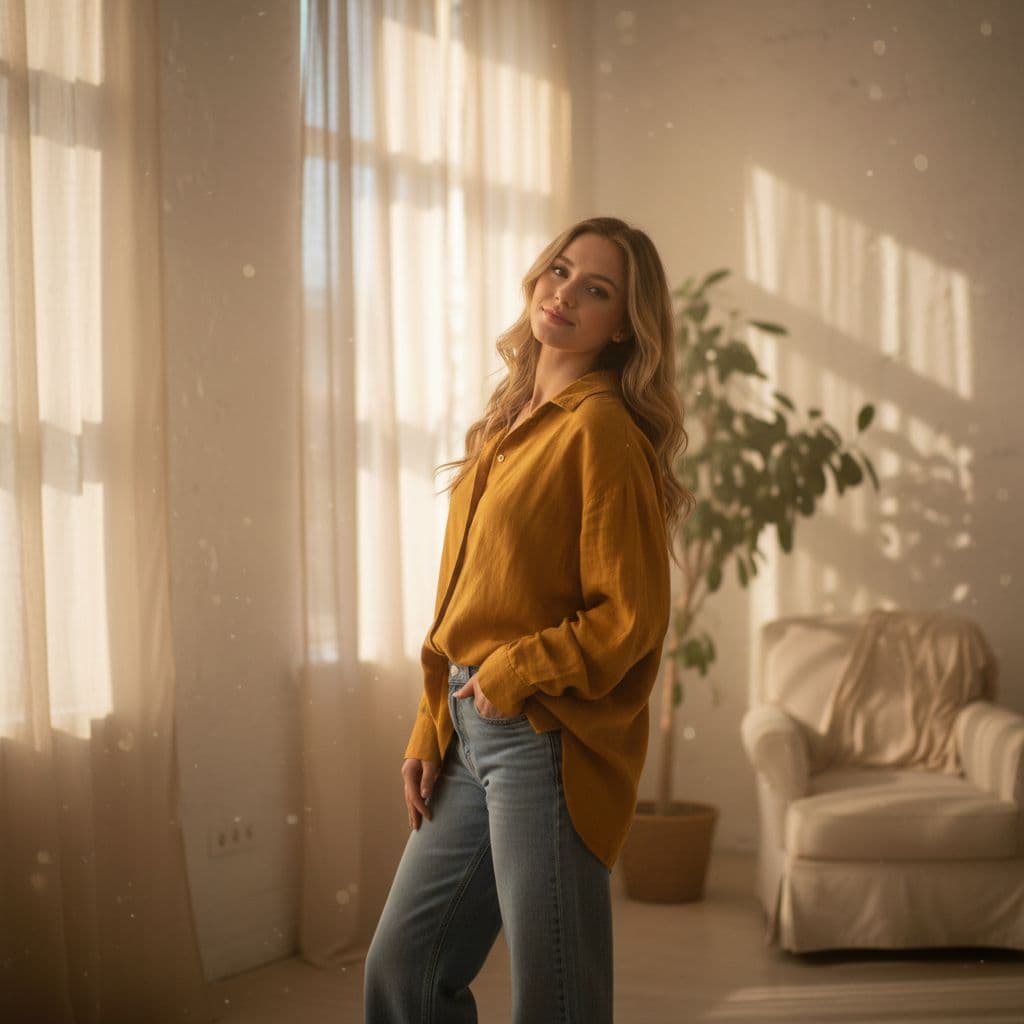 صورة مولدة بالذكاء الاصطناعي: Nano Banana prompt: blond girl in a yellow shirt is posing, soft, atmo... (نموذج Nano Banana - Nano Banana)