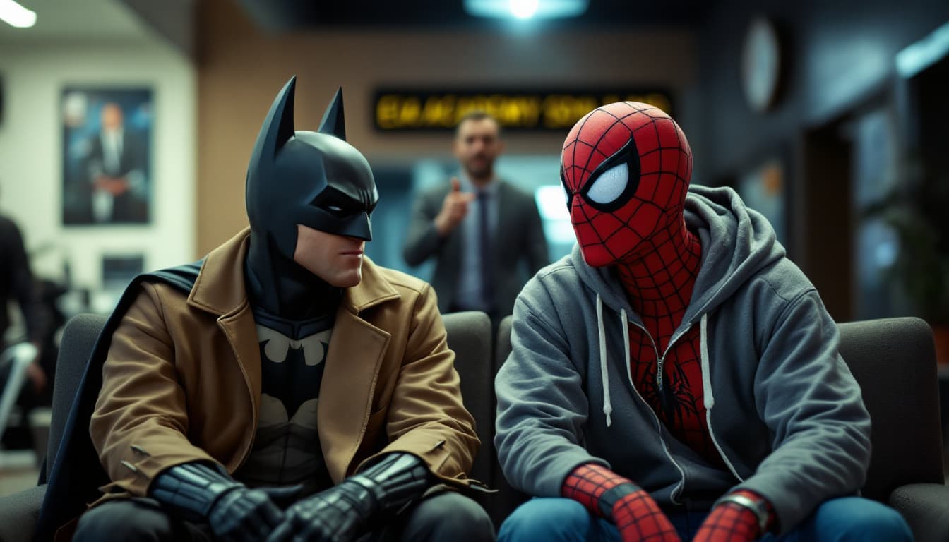 صورة مولدة بالذكاء الاصطناعي: FLUX prompt: batman and spiderman are sitting at EIA ACADEMY SD... (نموذج FLUX - FLUX)