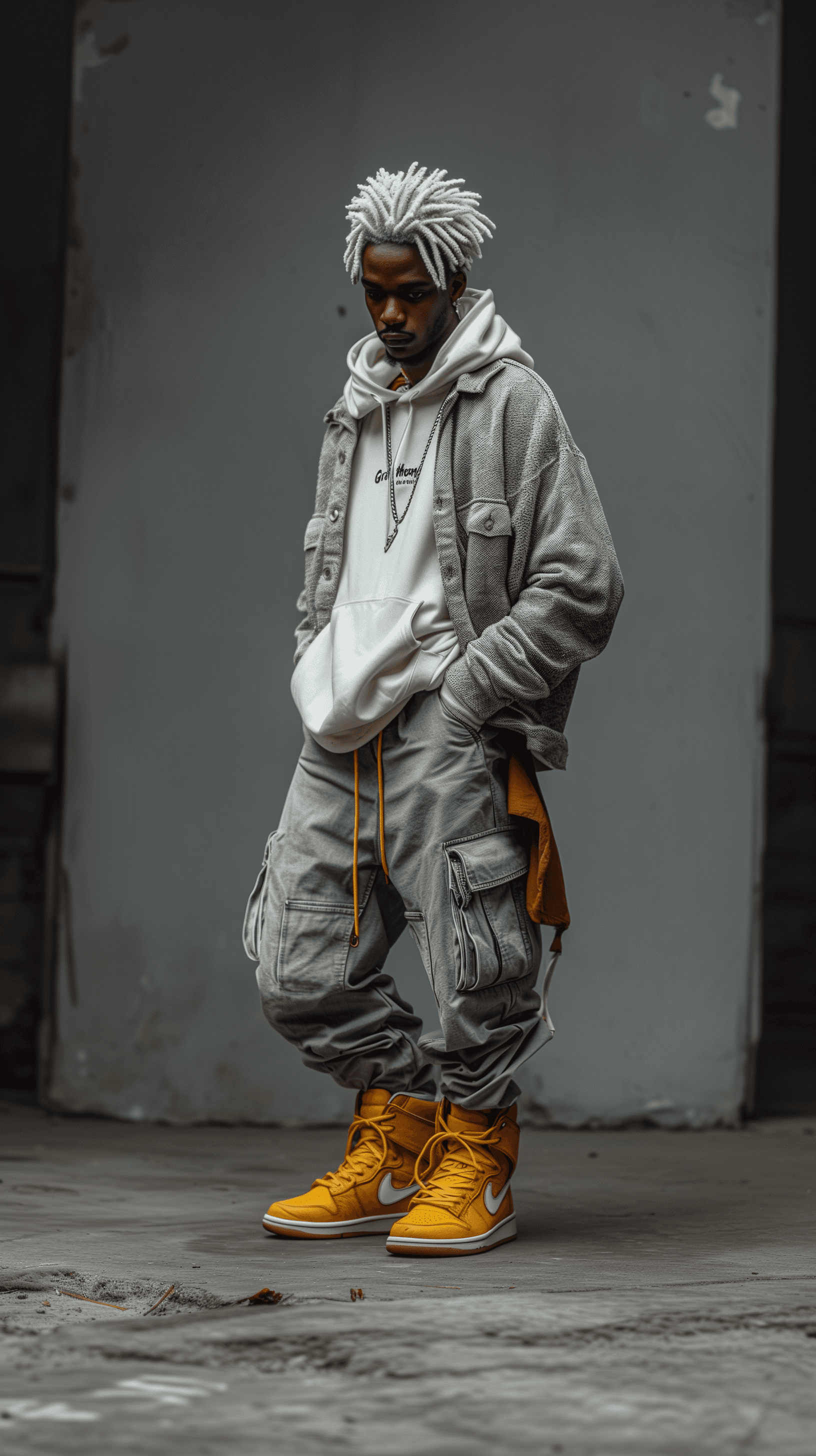 صورة مولدة بالذكاء الاصطناعي: Midjourney prompt: photography, black man model, silver color dread h... (نموذج Midjourney - أزياء وموضة)