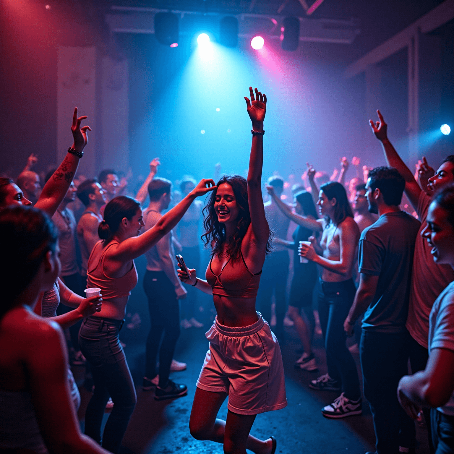 صورة مولدة بالذكاء الاصطناعي: FLUX prompt: wide angle photo of a cute techno rave girl dancin... (نموذج FLUX - Photography)