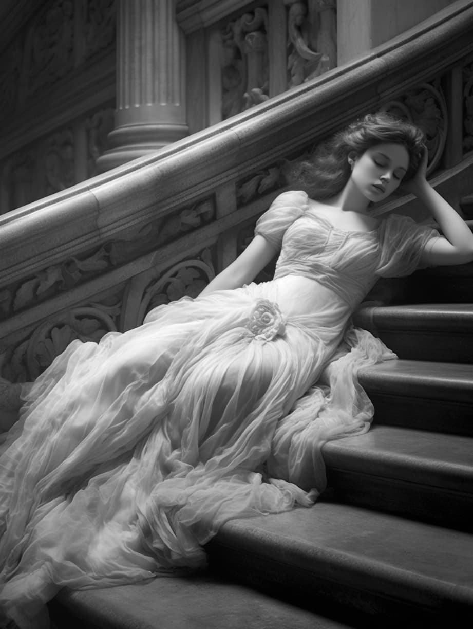 صورة مولدة بالذكاء الاصطناعي: Midjourney prompt: a black and white photo of a woman laying on some ... (نموذج Midjourney - أزياء وموضة)