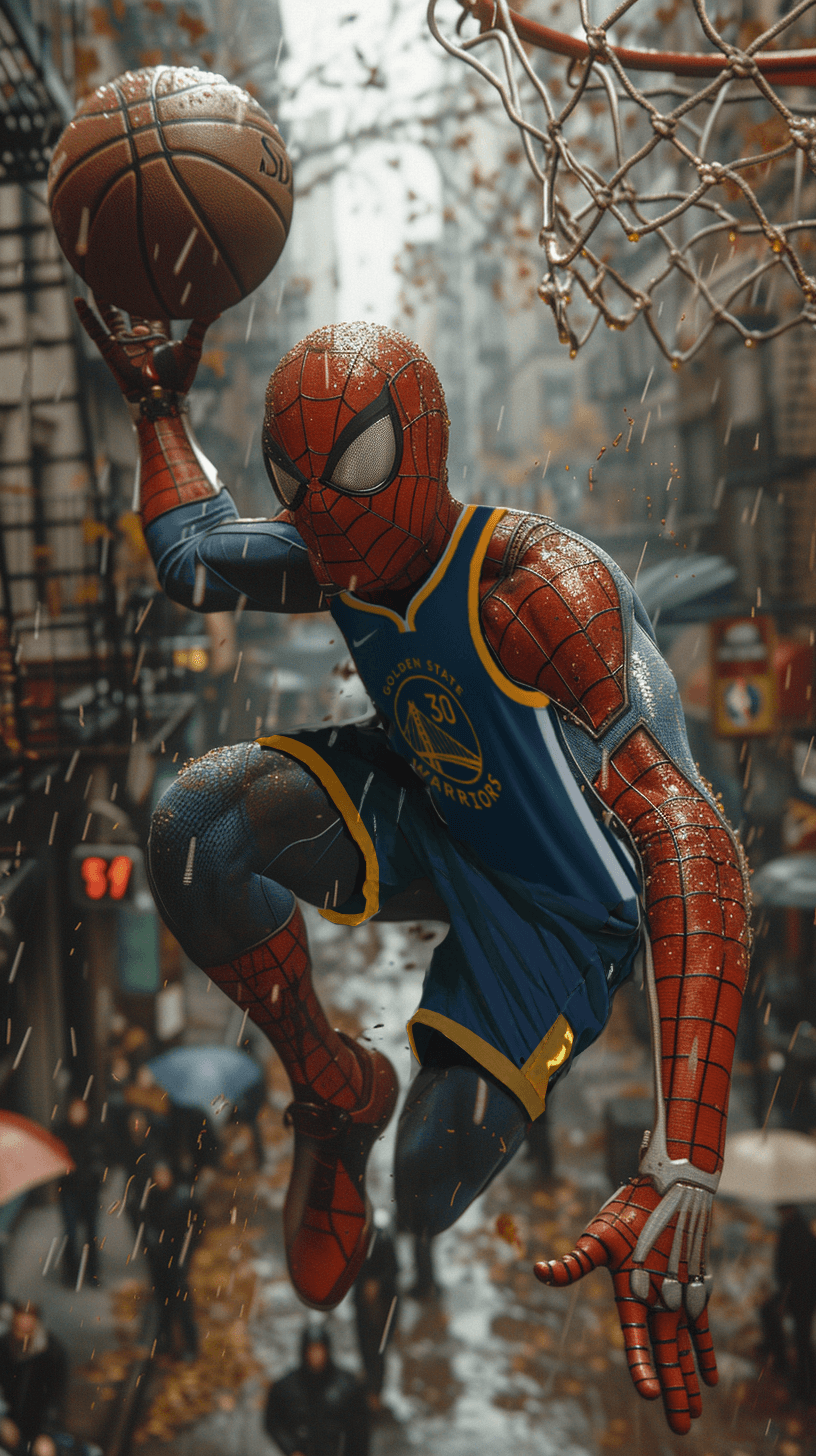 صورة مولدة بالذكاء الاصطناعي: Midjourney prompt: Marvel's Spiderman playing basketball, he is jum... (نموذج Midjourney - Character Design)