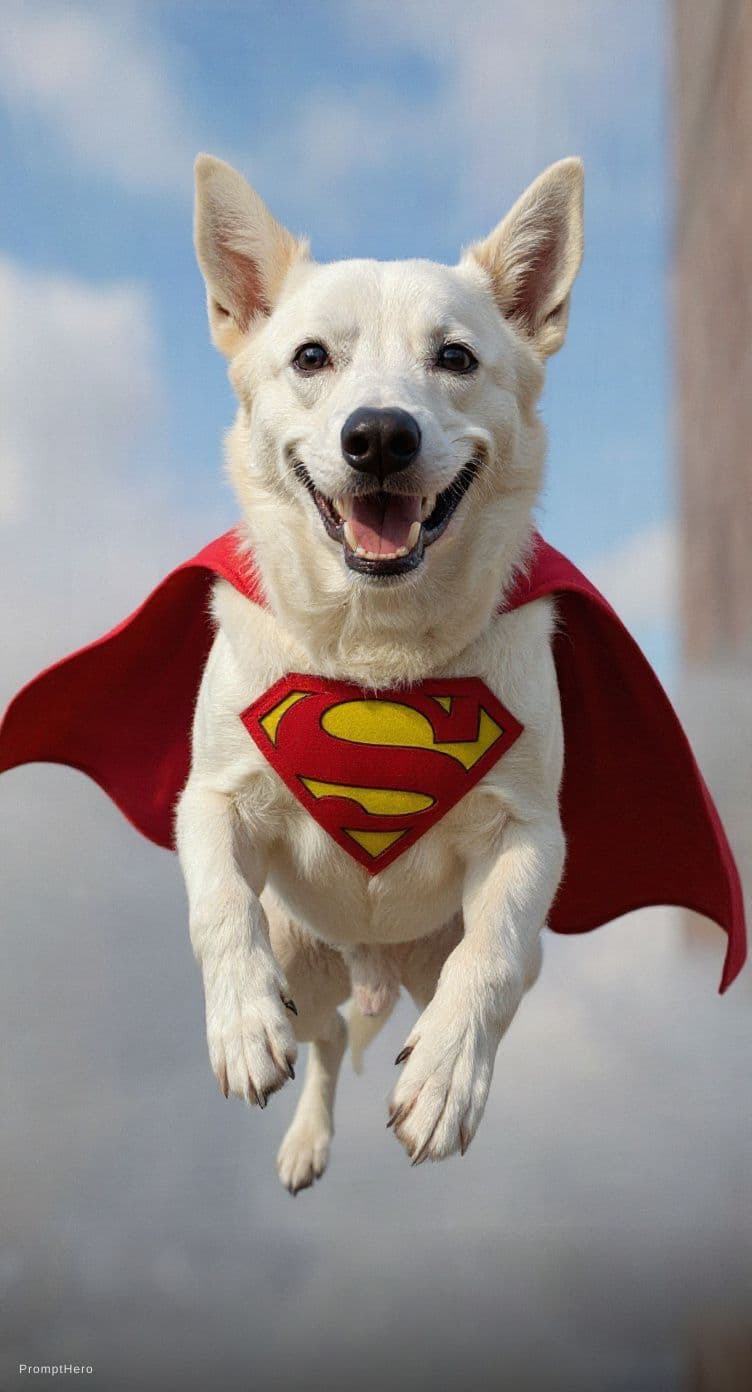 AI generated: Flux Kontext prompt: white dog like the reference, flying happy like a (Flux Kontext - Flux Kontext)