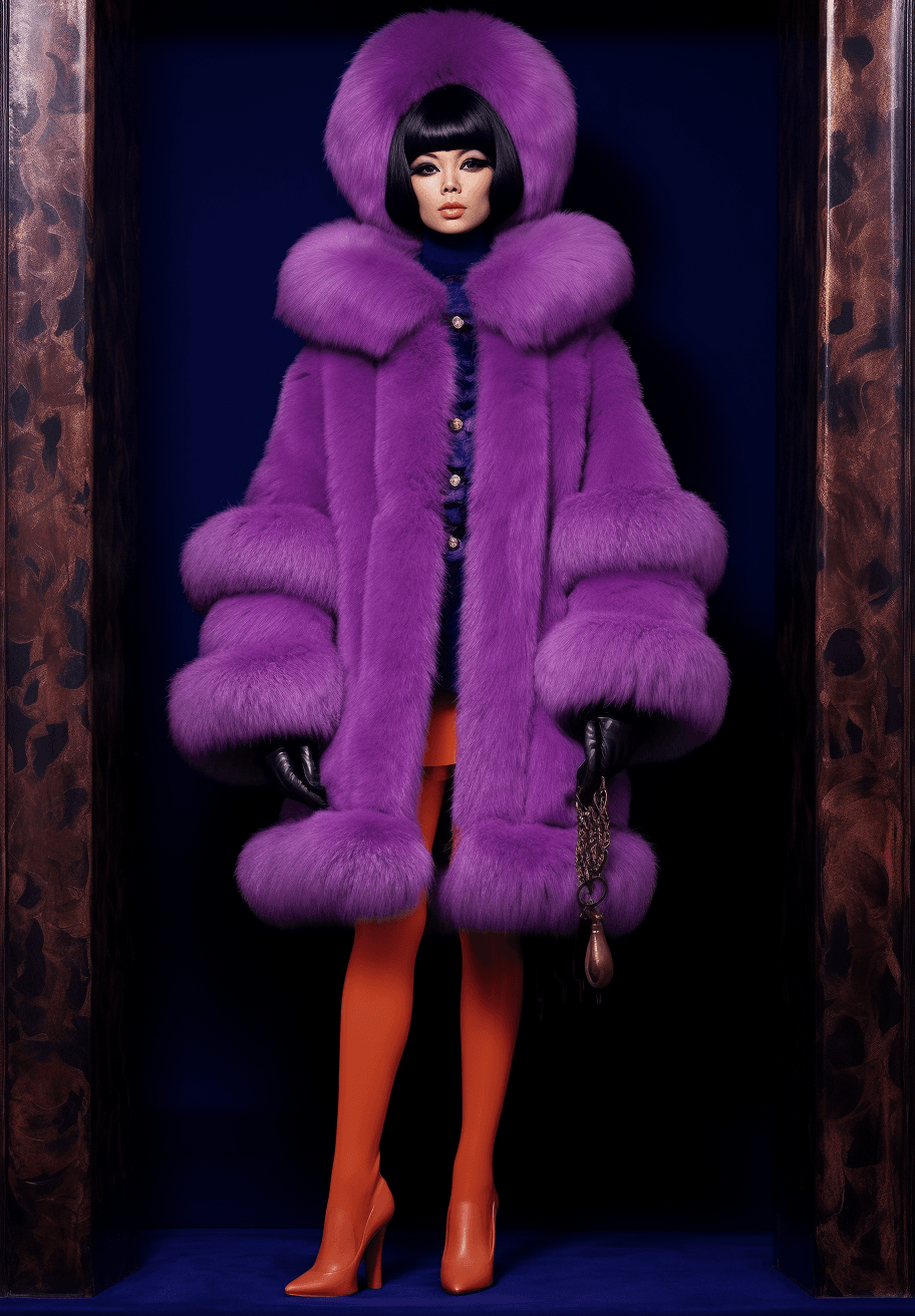 صورة مولدة بالذكاء الاصطناعي: Midjourney prompt: a woman in purple wears furs, in the style of bett... (نموذج Midjourney - أزياء وموضة)