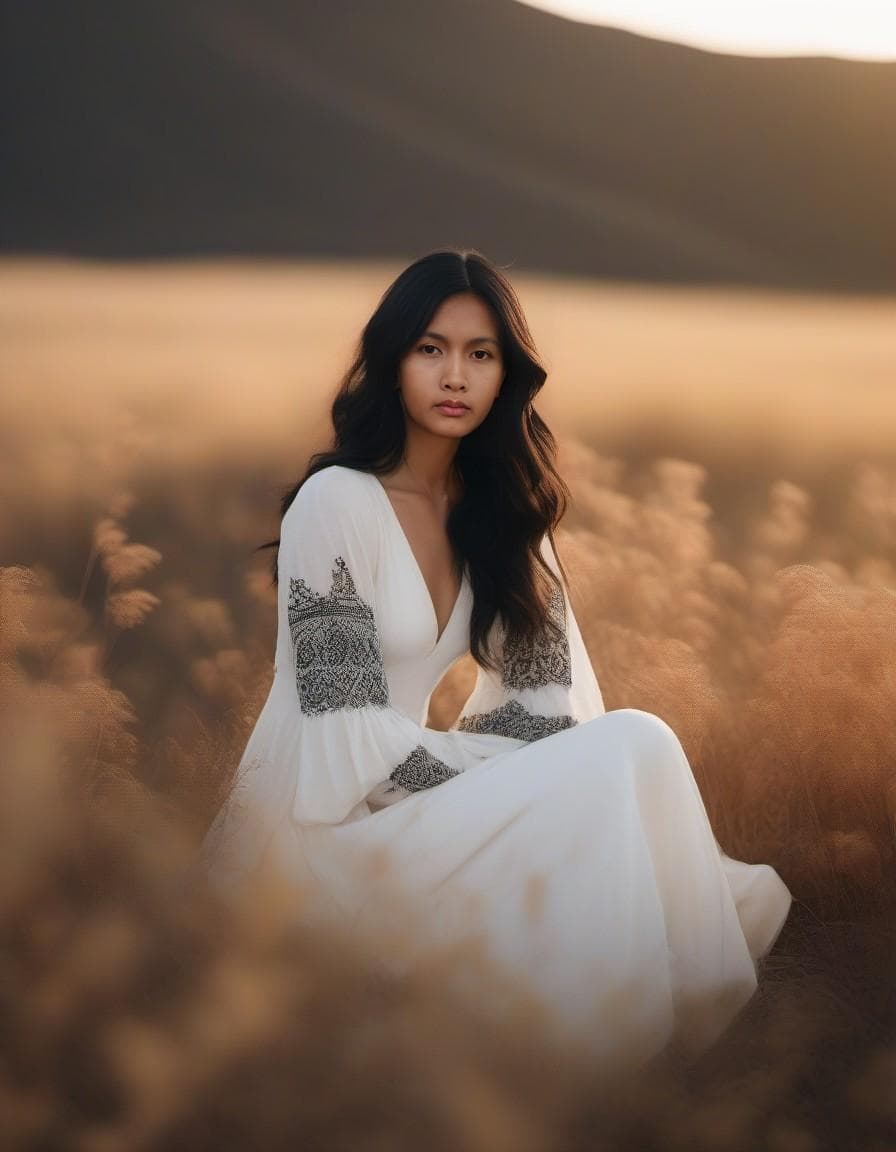 صورة مولدة بالذكاء الاصطناعي: Midjourney prompt: a woman sitting on top of a couch in a field, skin... (نموذج Midjourney - أزياء وموضة)