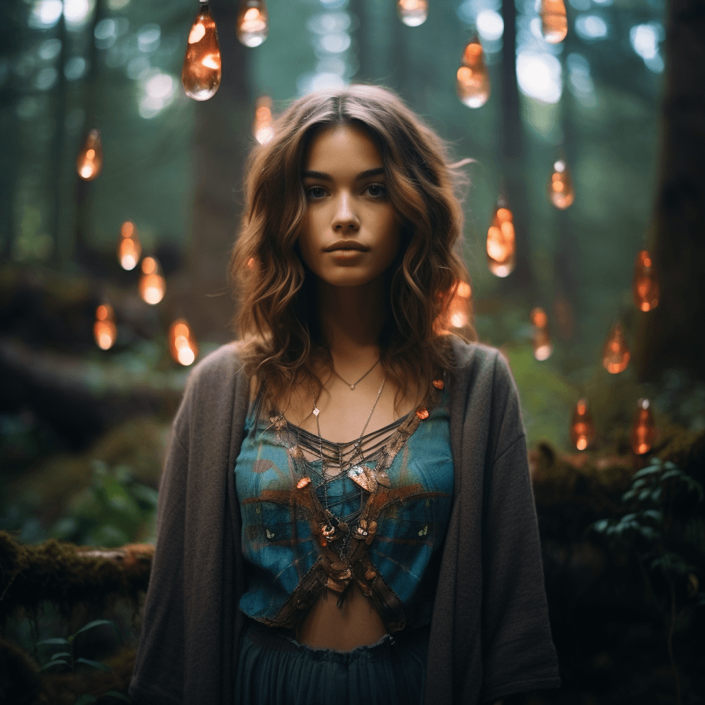صورة مولدة بالذكاء الاصطناعي: Young hippie woman standing in Forest (نموذج Midjourney - Photography)