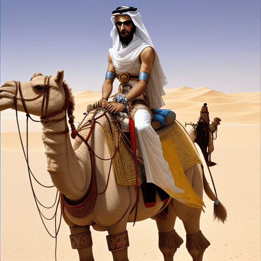 صورة مولدة بالذكاء الاصطناعي: DreamShaper prompt: an image of an arab man on a camel in the desert, ... (نموذج DreamShaper - DreamShaper)