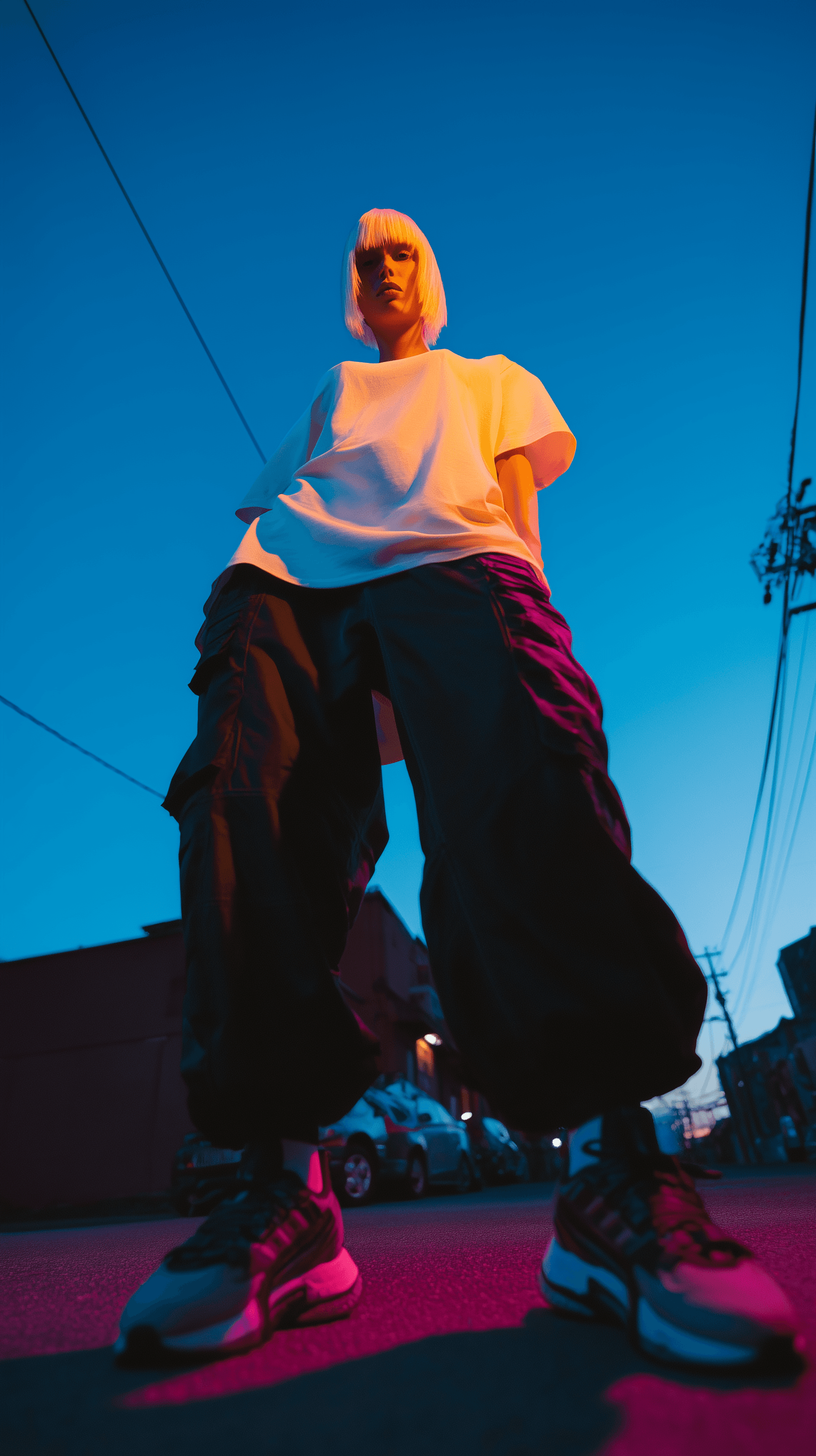 صورة مولدة بالذكاء الاصطناعي: Midjourney Shatter prompt: photography, female model, bottom tilt shot, front... (نموذج Midjourney Shatter - أزياء وموضة)