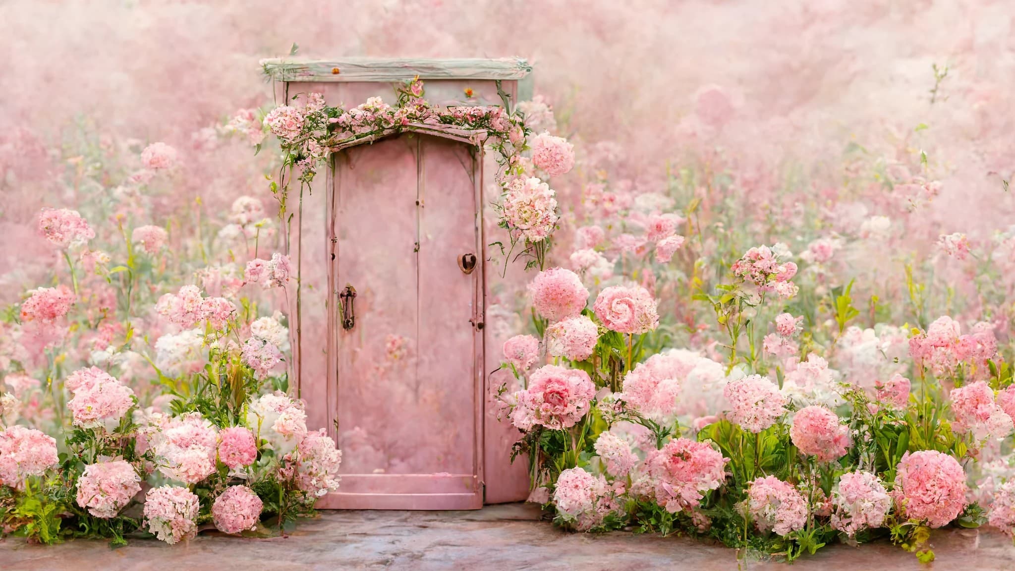 صورة مولدة بالذكاء الاصطناعي: Midjourney prompt: a full size ornate pink door in a field of white a... (نموذج Midjourney - Midjourney)