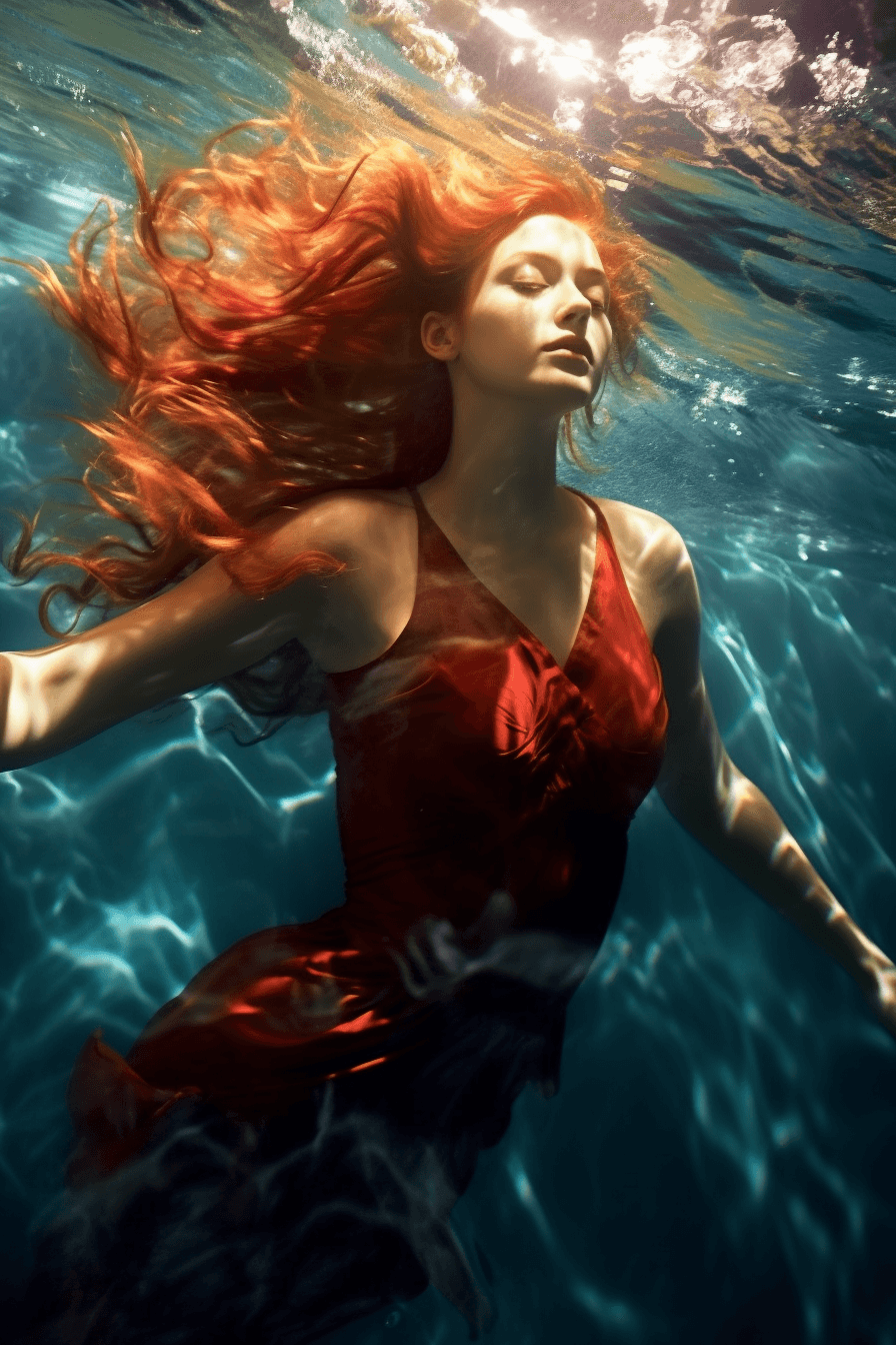 صورة مولدة بالذكاء الاصطناعي: Midjourney prompt: A beautiful red hair girl is diving in the blue wa... (نموذج Midjourney - Photography)
