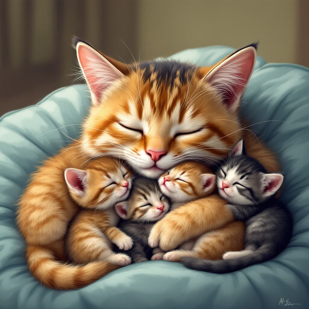 AI generated: FLUX prompt: A cartoon cat, snuggling with kittens. (FLUX - FLUX)