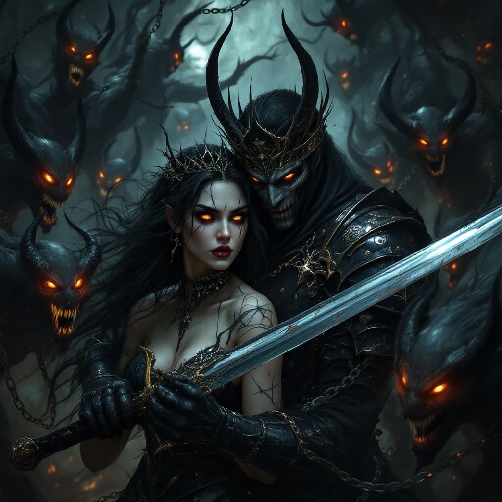 صورة مولدة بالذكاء الاصطناعي: FLUX prompt: A demonic woman and her man fighting demons with g... (نموذج FLUX - FLUX)
