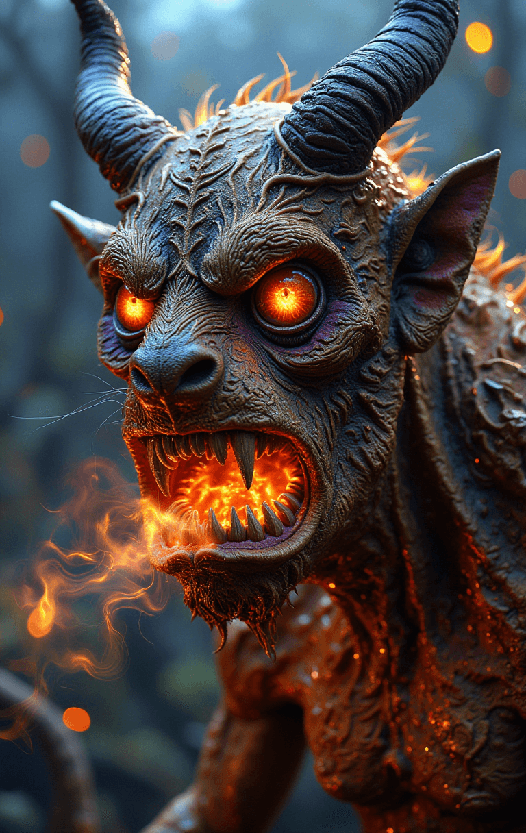 صورة مولدة بالذكاء الاصطناعي: FLUX prompt: Capture a close-up, menacing shot of a mythical cr... (نموذج FLUX - Character Design)