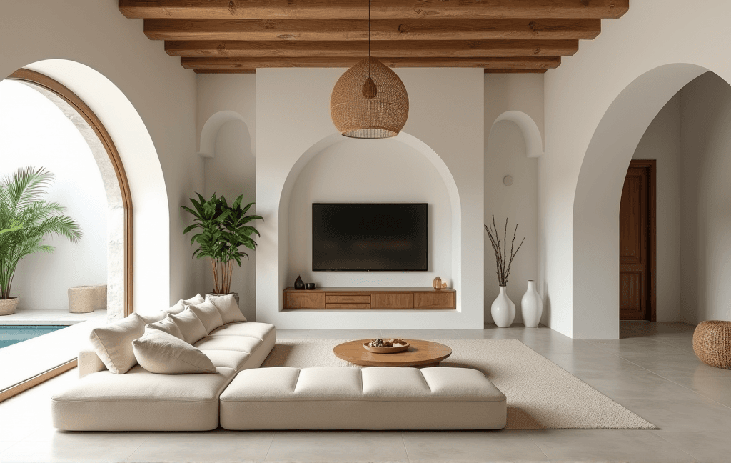 صورة مولدة بالذكاء الاصطناعي: FLUX prompt: Photorealistic image of a minimalist living room i... (نموذج FLUX - Interior Design)