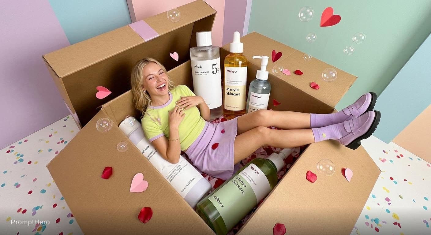AI generated: Hero prompt: A joyful blonde woman lying inside a cardboard gif... (Hero - Hero)