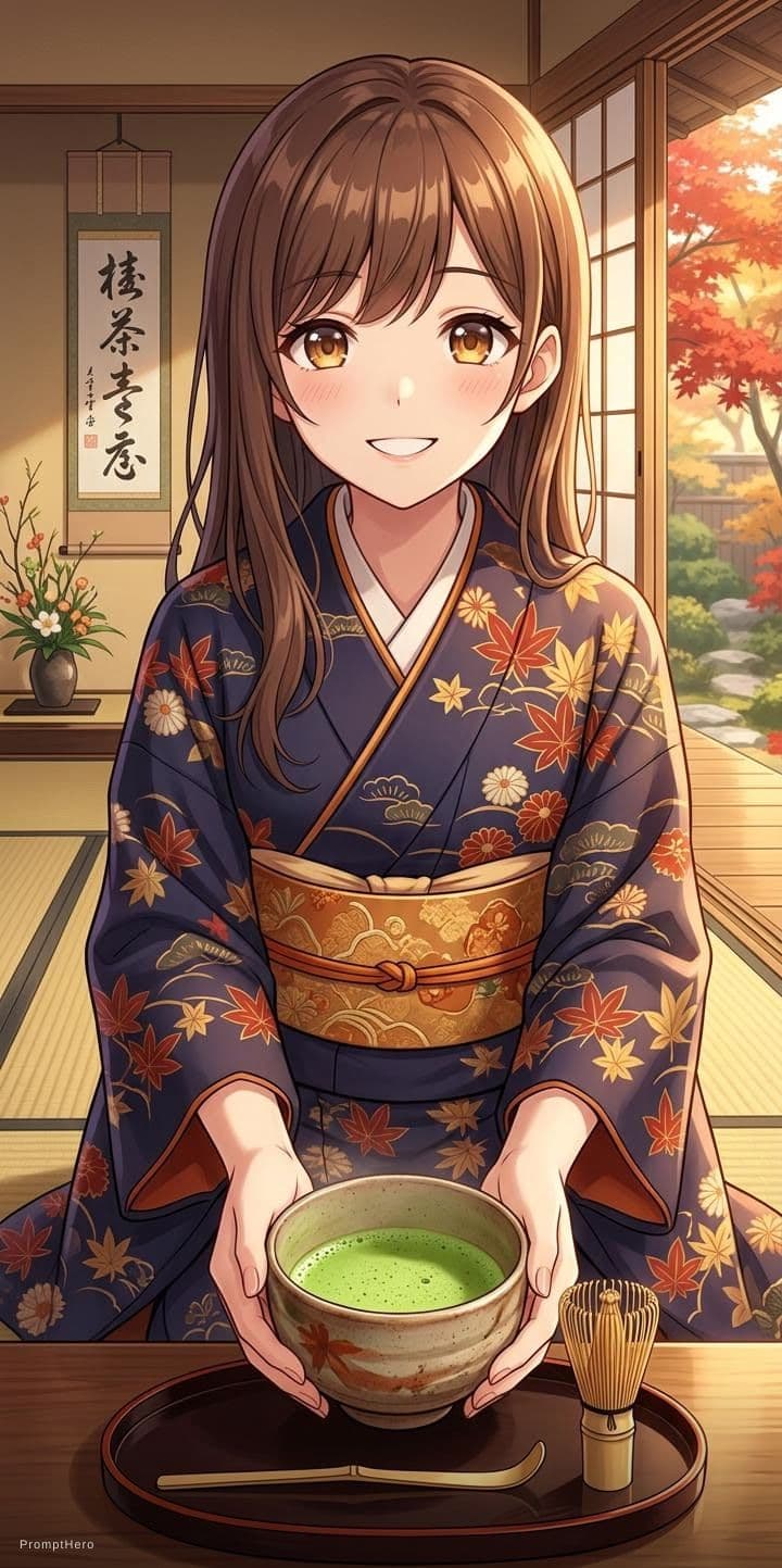 صورة مولدة بالذكاء الاصطناعي: Hero prompt: smiles, wears a kimono, serves japanese tea to th... (نموذج Hero - Hero)