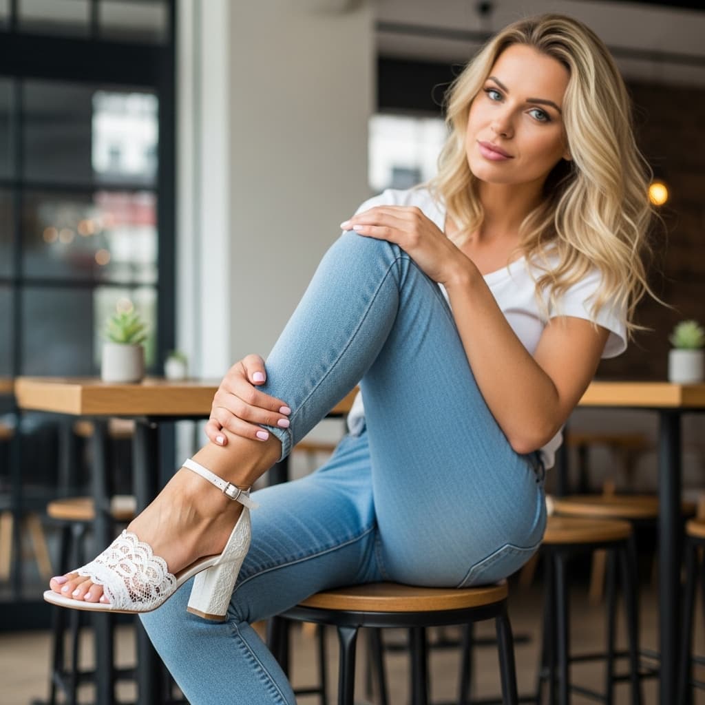 AI generated: Google Imagen prompt: blonde girl in lace sandals about 30yo that shows ... (Google Imagen - Google Imagen)