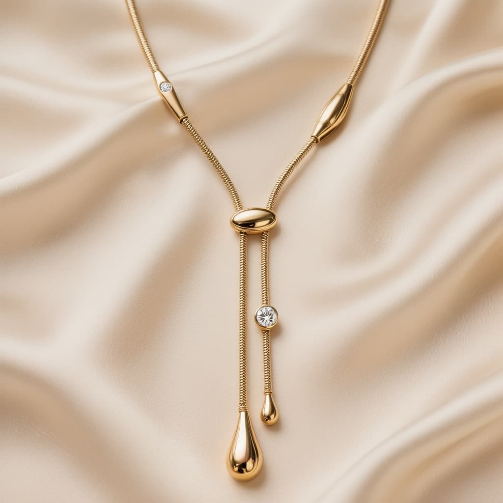 صورة مولدة بالذكاء الاصطناعي: Hero prompt: Modern luxury long necklace in 18K yellow gold ins... (نموذج Hero - Hero)