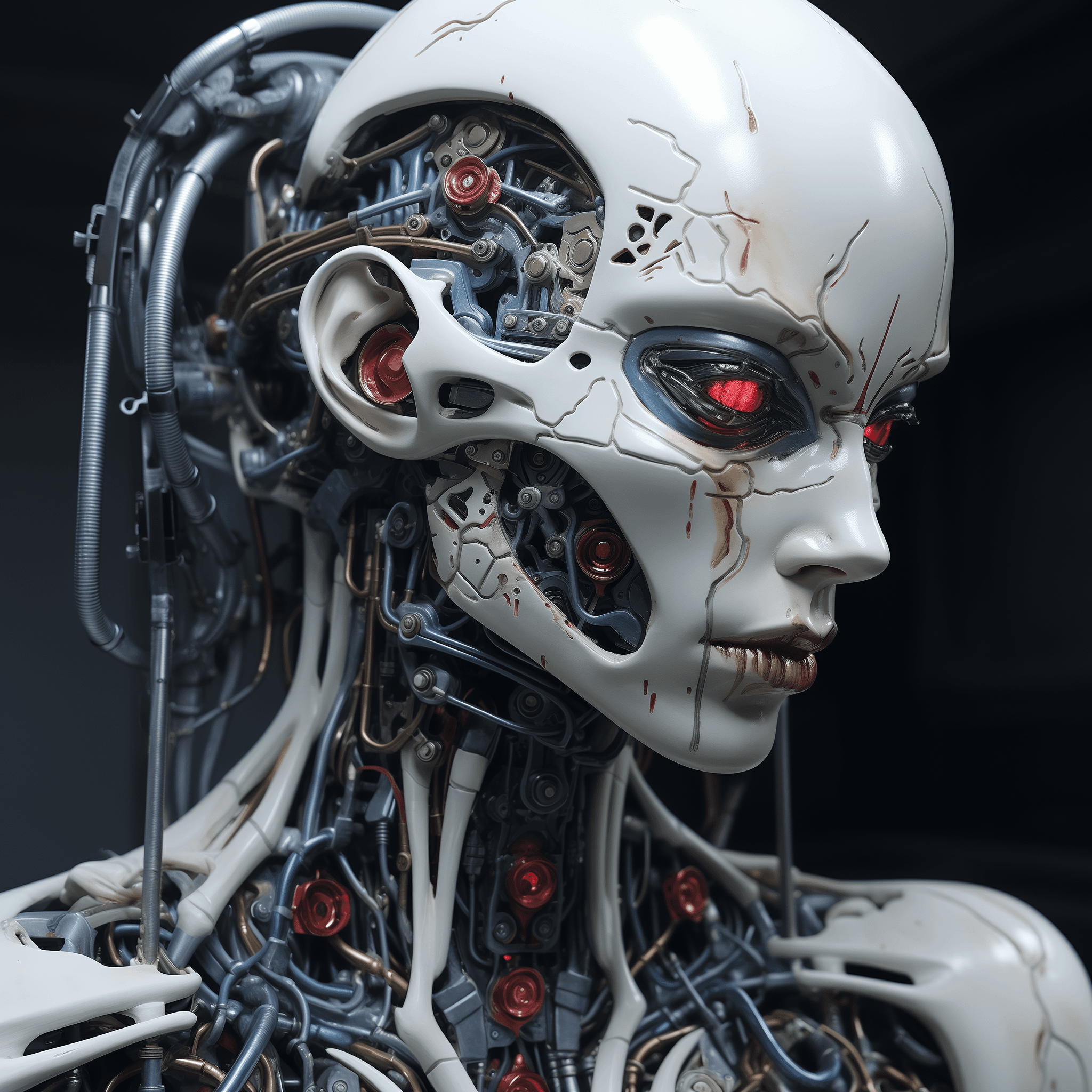 صورة مولدة بالذكاء الاصطناعي: Midjourney prompt: half cyborg, futuristic, high details, masterpiece... (نموذج Midjourney - Midjourney)