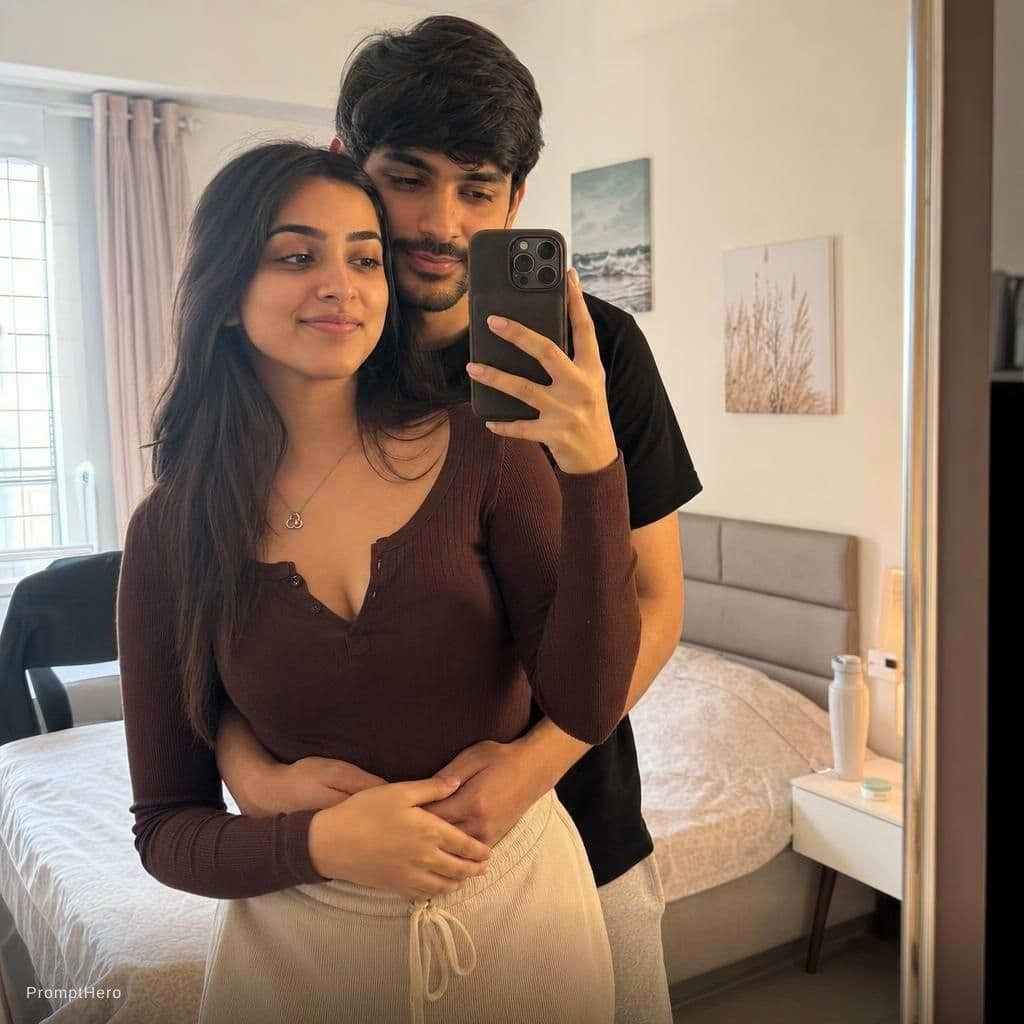 صورة مولدة بالذكاء الاصطناعي: ChatGPT Image prompt: A photorealistic mirror selfie of a couple in a so... (نموذج ChatGPT Image - ChatGPT Image)