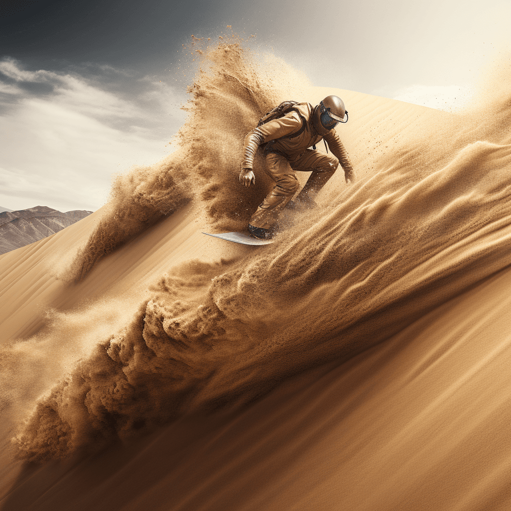 AI generated: Midjourney prompt: A surfer riding a mountain of sand, in the style o... (Midjourney - Photography)