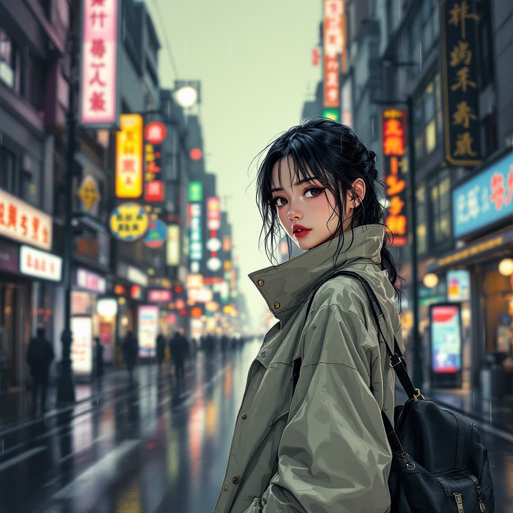 صورة مولدة بالذكاء الاصطناعي: FLUX prompt: a japanese woman in a raincoat standing on a city ... (نموذج FLUX - FLUX)