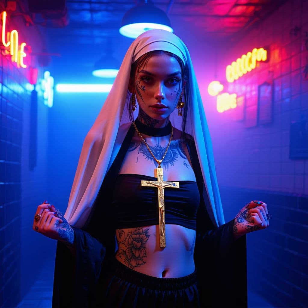 صورة مولدة بالذكاء الاصطناعي: Stable Diffusion prompt: Full body shot of a young beautiful tattooed nun w... (نموذج Stable Diffusion - Stable Diffusion)
