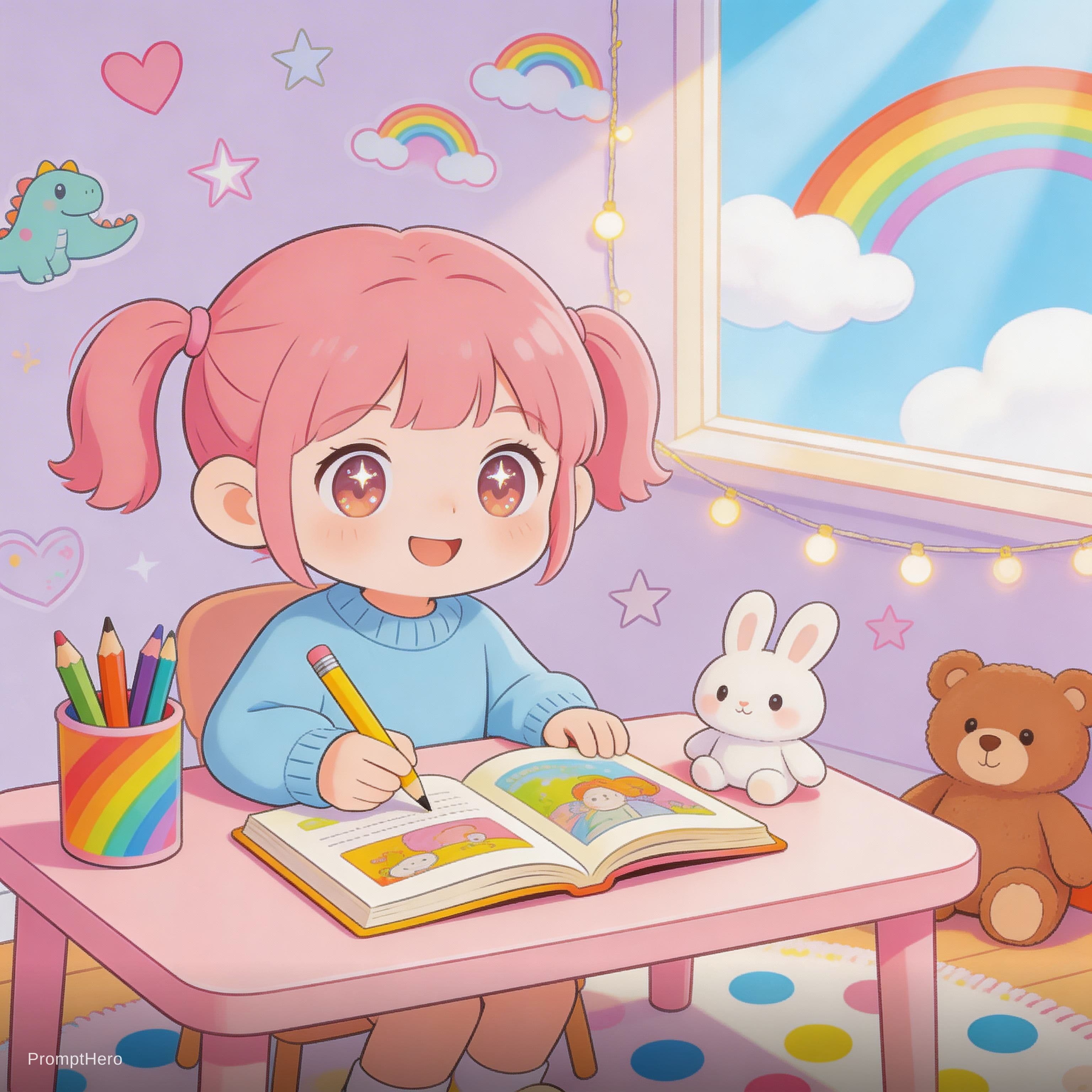 صورة مولدة بالذكاء الاصطناعي: Seedream 5 prompt: Girl cartoon learning in a play ful background (نموذج Seedream 5 - Seedream 5)